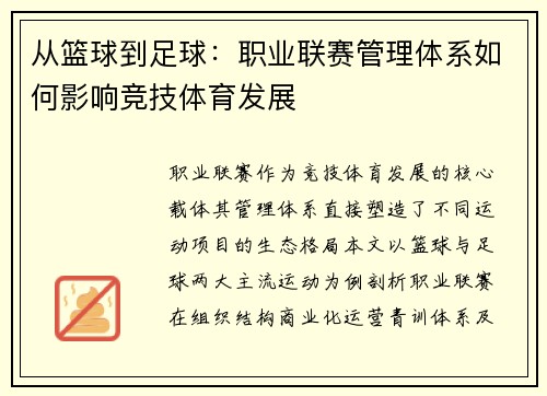 从篮球到足球：职业联赛管理体系如何影响竞技体育发展