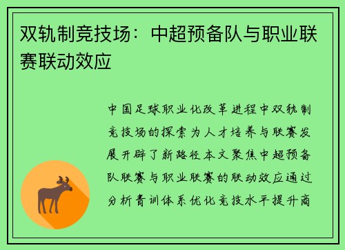 双轨制竞技场：中超预备队与职业联赛联动效应