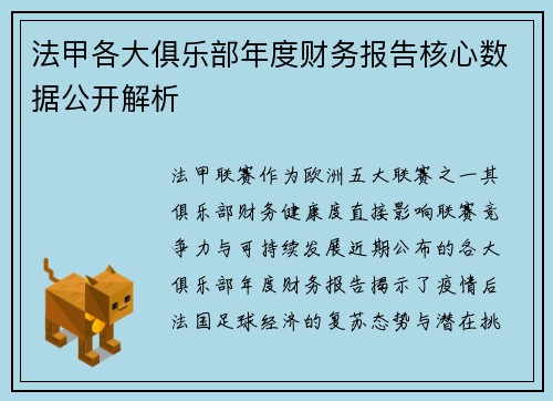 法甲各大俱乐部年度财务报告核心数据公开解析