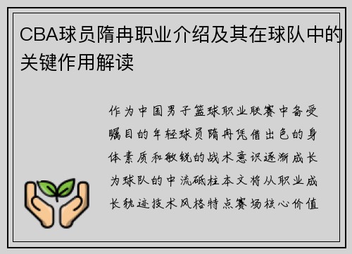 CBA球员隋冉职业介绍及其在球队中的关键作用解读